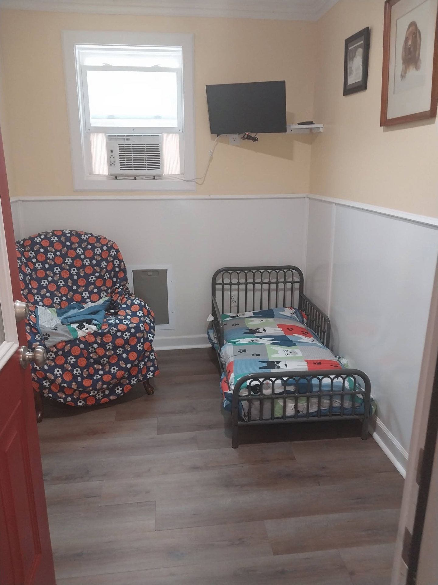 Luxury dog boarding suite with plush bed and TV